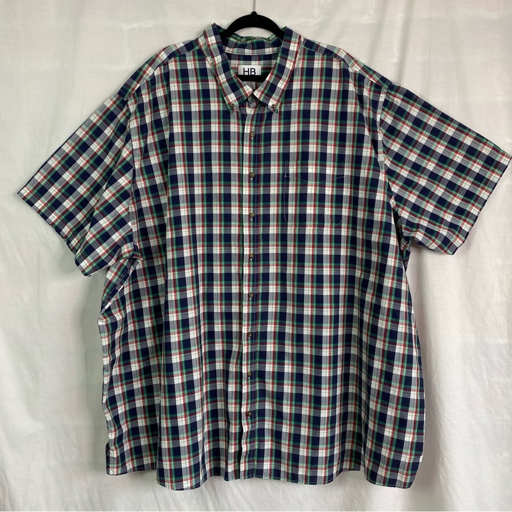 HB Harbor Bay Navy Blue Red Green White Plaid Short Sleeve Button Up Shirt 5XLT